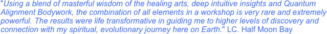 "Using a blend of masterful wisdom of the healing arts, deep intuitive insights and Quantum Alignment Bodywork, the combination of all elements in a workshop is very rare and extremely powerful. The results were life transformative in guiding me to higher levels of discovery and connection with my spiritual, evolutionary journey here on Earth." LC. Half Moon Bay