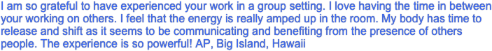 I am so grateful to have experienced your work in a group setting. I love having the time in between your working on others. I feel that the energy is really amped up in the room. My body has time to release and shift as it seems to be communicating and benefiting from the presence of others people. The experience is so powerful! AP, Big Island, Hawaii